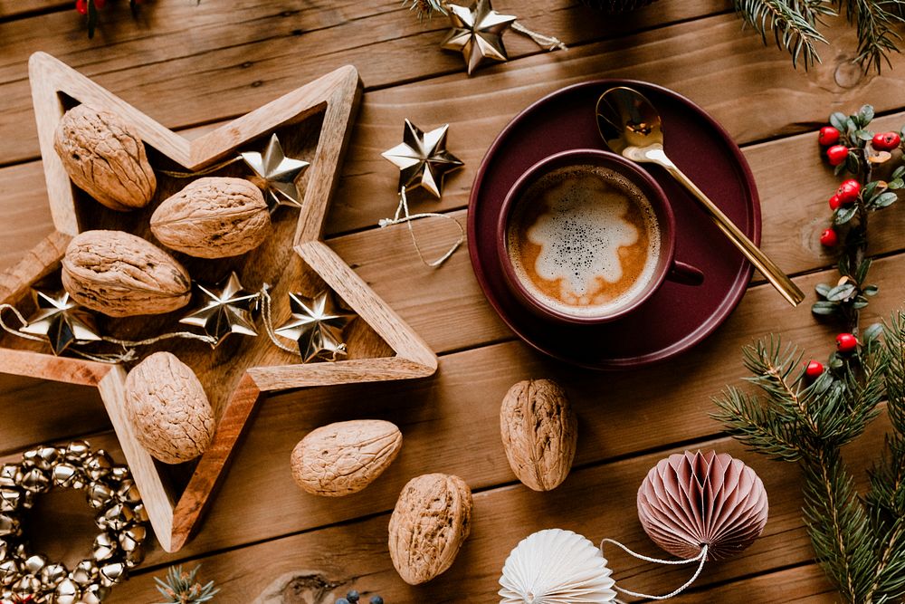 Hot chocolate and walnuts on a Christmas night