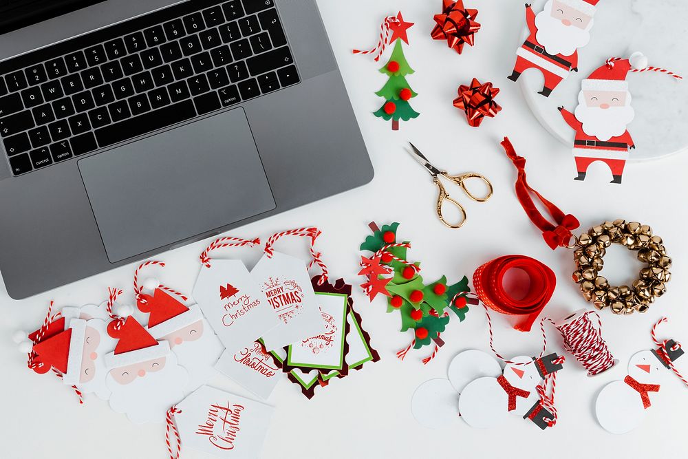 Laptop and Christmas gift tags