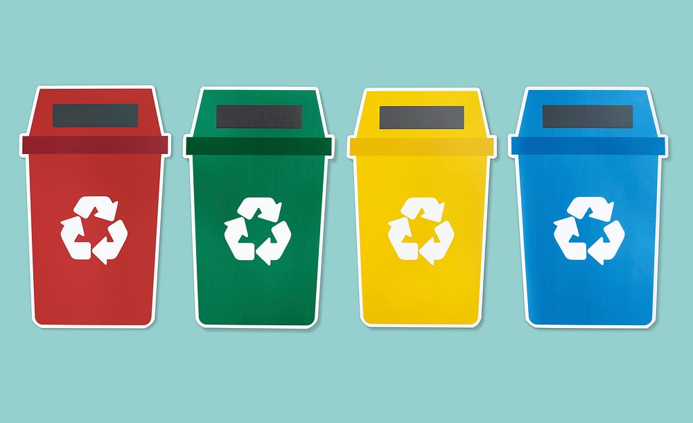 Set of trash bins with recycle symbol