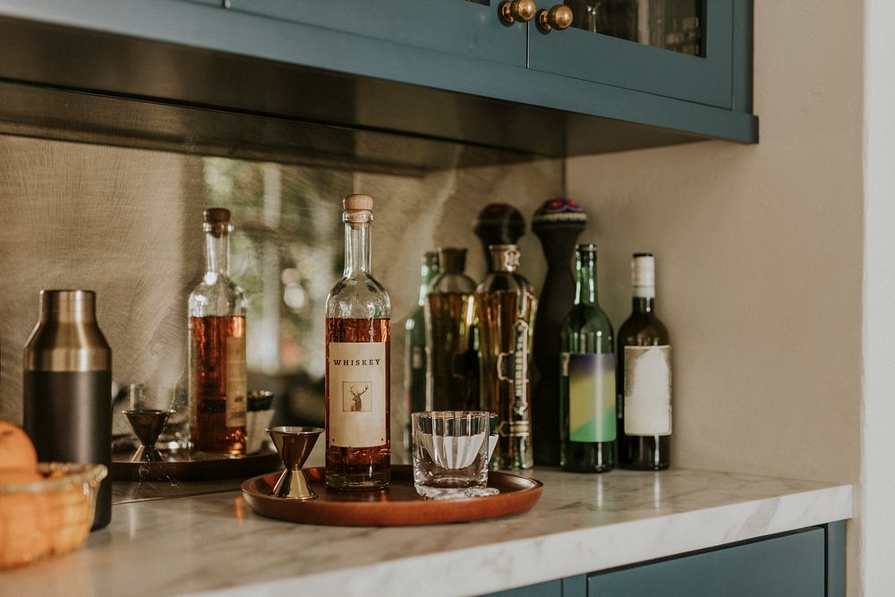 Whisky bottle on a kitchen countertop