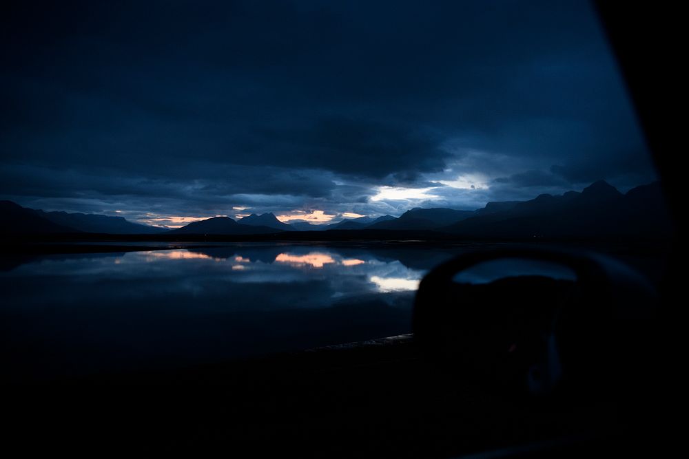 View of the blue hour from a car window