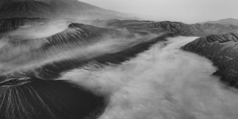 Mount Bromo volcano in Indonesia grayscale