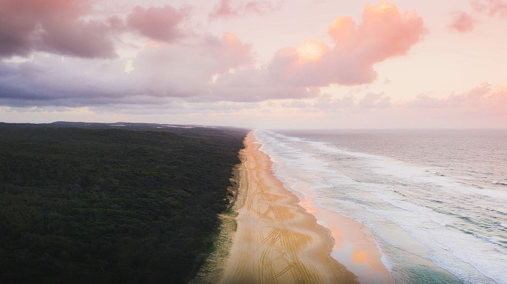 Beach desktop wallpaper, seascape nature background, drone shot, pastel sky