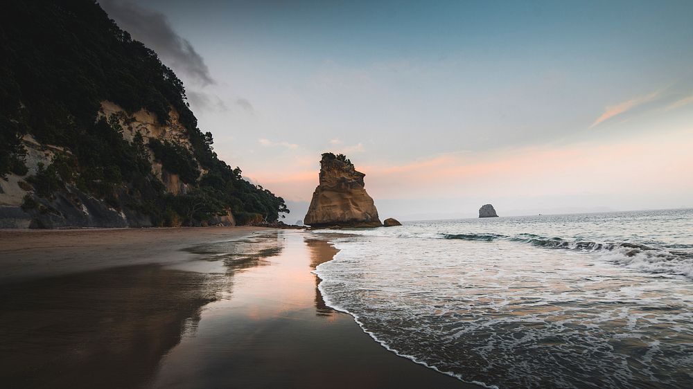 Ocean desktop wallpaper background, Cathedral Cove in sunset, New Zealand