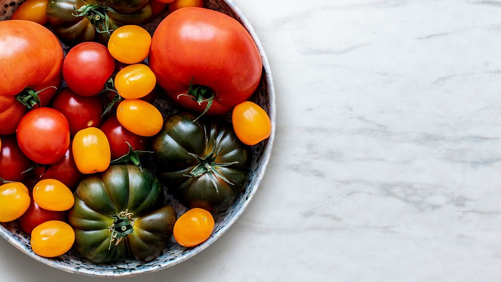 Various fresh tomatoes aerial view