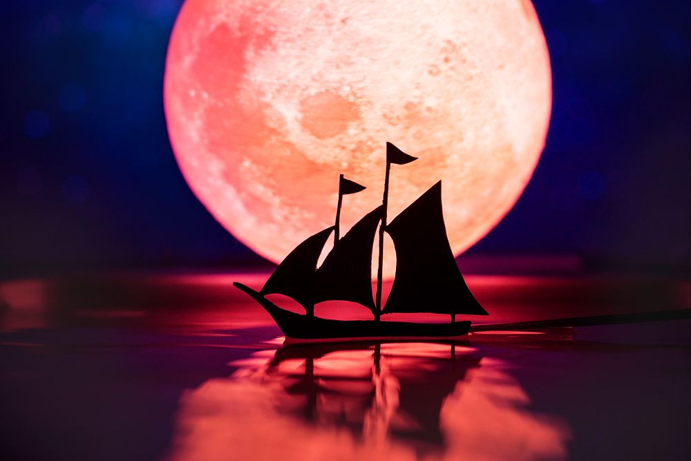 Sailing ship with full moon in the night