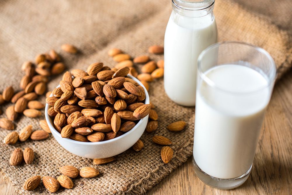 Organic almond milk and almonds