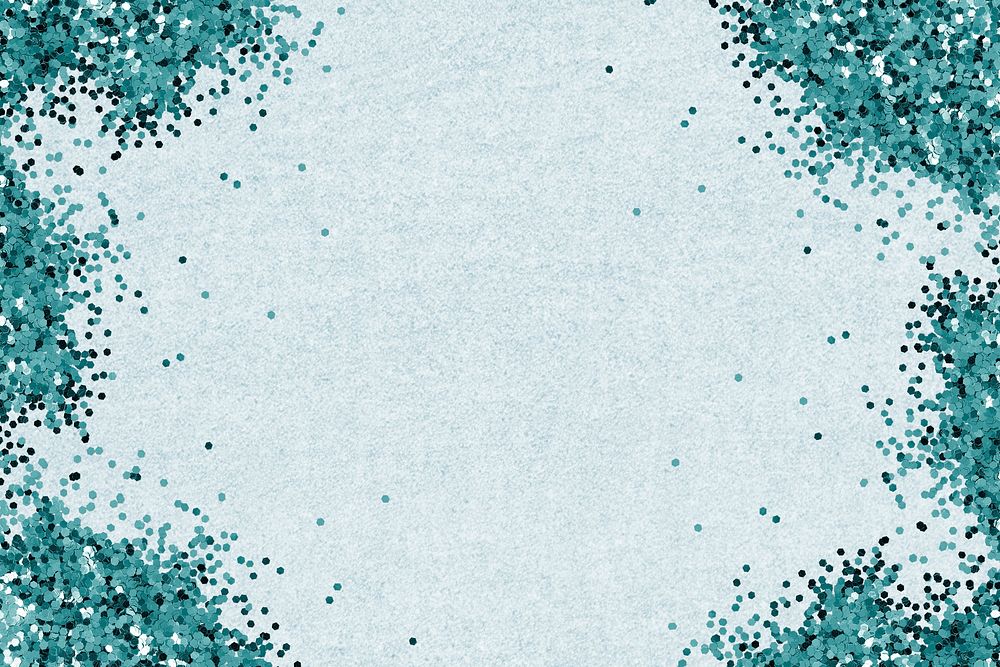 Shimmering teal confetti frame on a baby blue background 