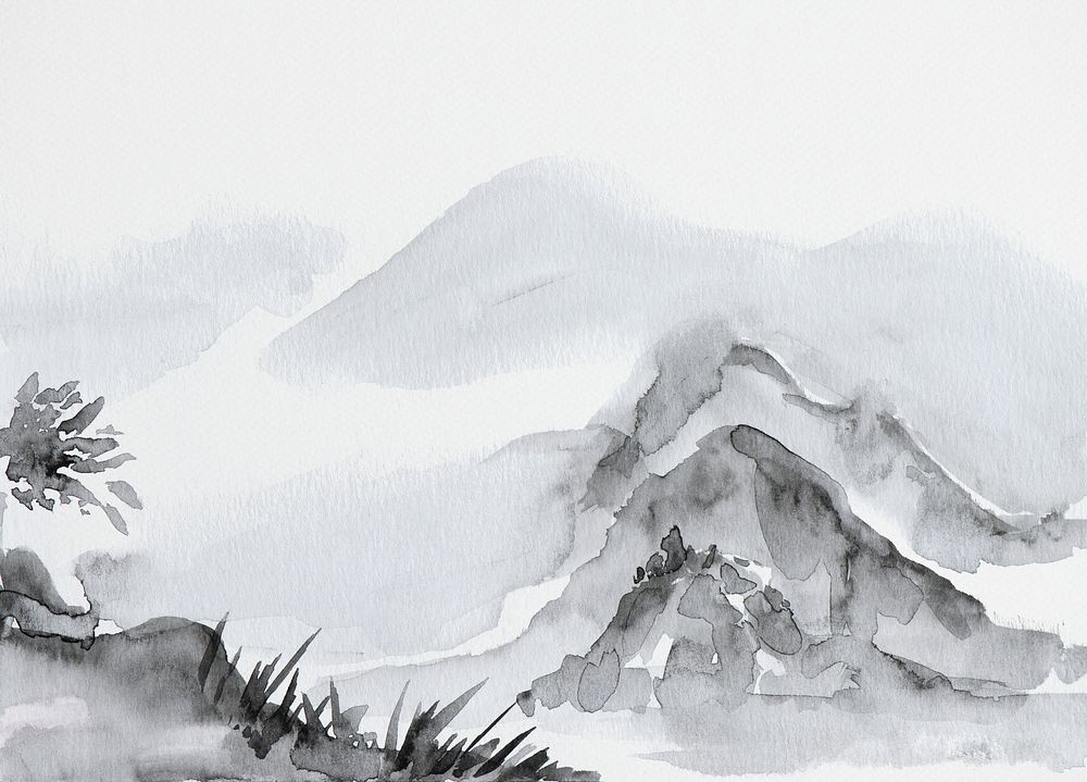 Black watercolor mountain paint illustration