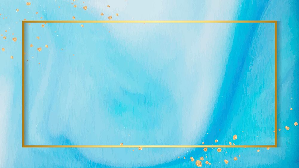 Rectangle gold frame on abstract blue watercolor vector