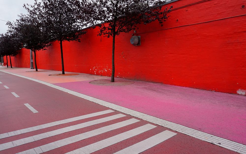 Red area cycle track in Superkilen park at N&oslash;rrebro district of Copenhagen, Denmark