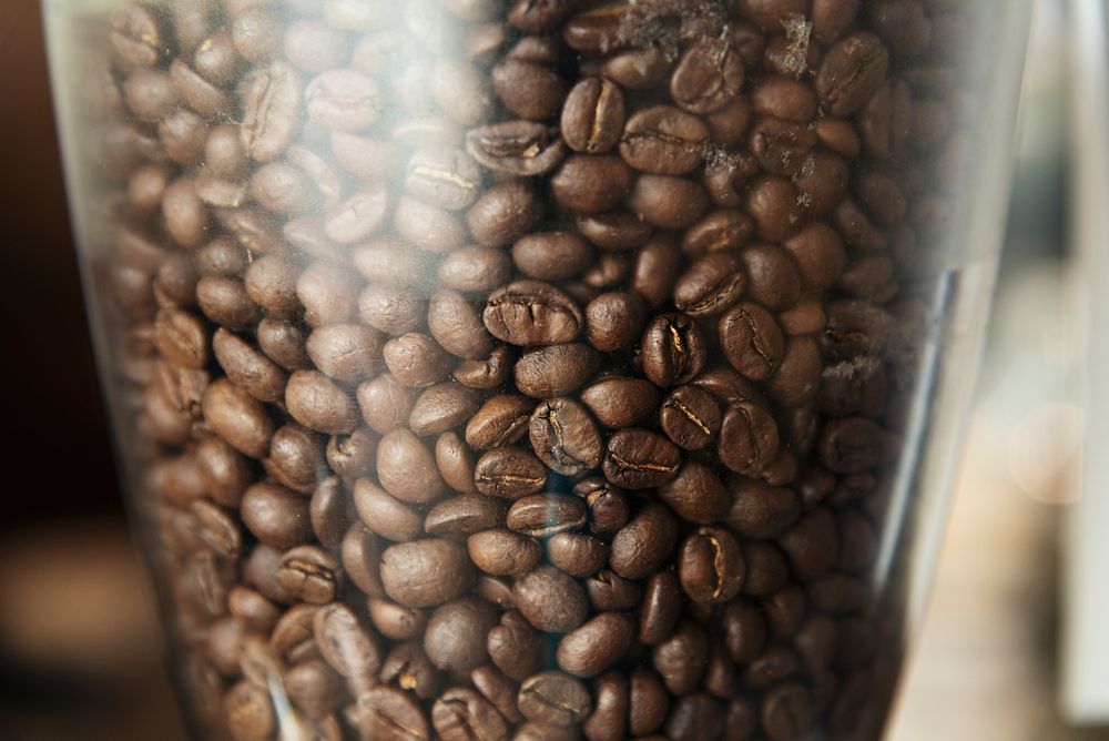 Close up of coffee beans in a grinder
