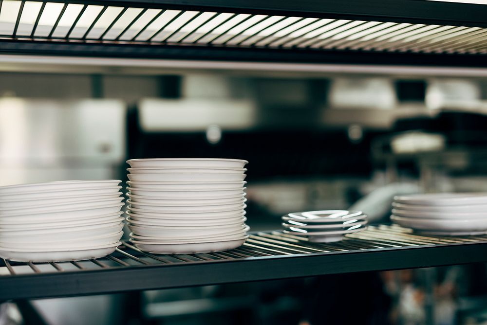 Stack of plates in a commercial kitchen