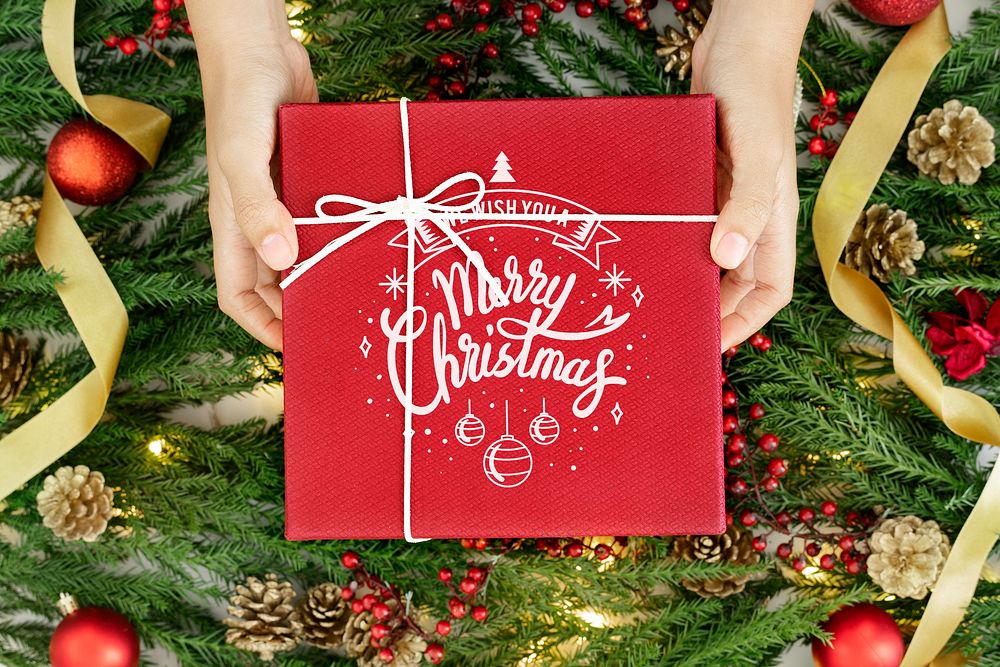 Red wrapped Christmas present mockup