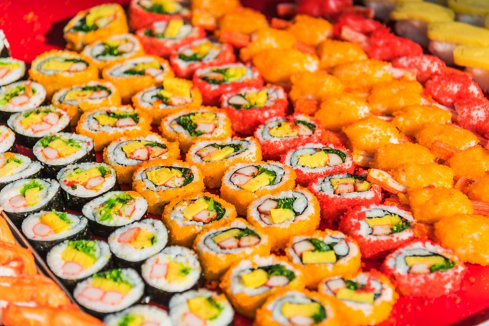 Colorful assortment of Sushi rolls