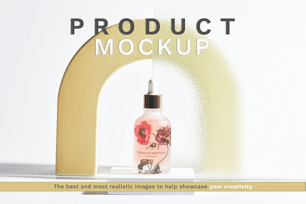 Dropper bottle mockup psd with patterned glass texture product backdrop