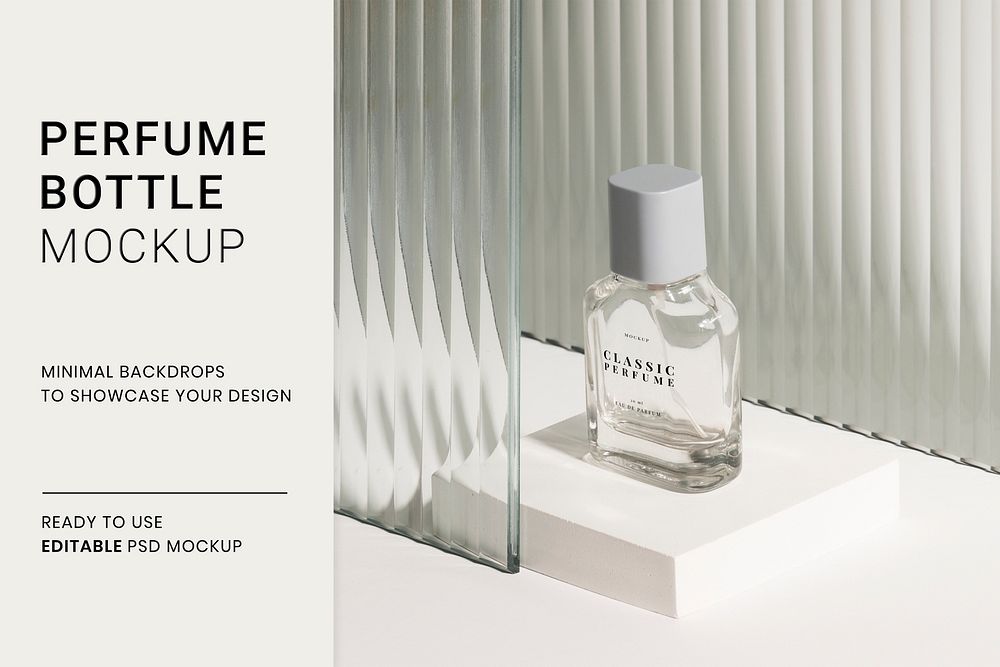 Perfume bottle mockup psd with patterned glass texture product backdrop