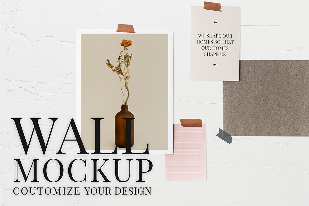 Paper collage mockup psd on the wall