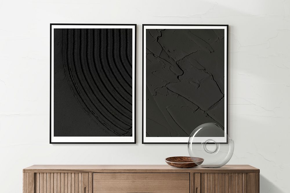 Picture frame mockups psd hanging in a minimal room