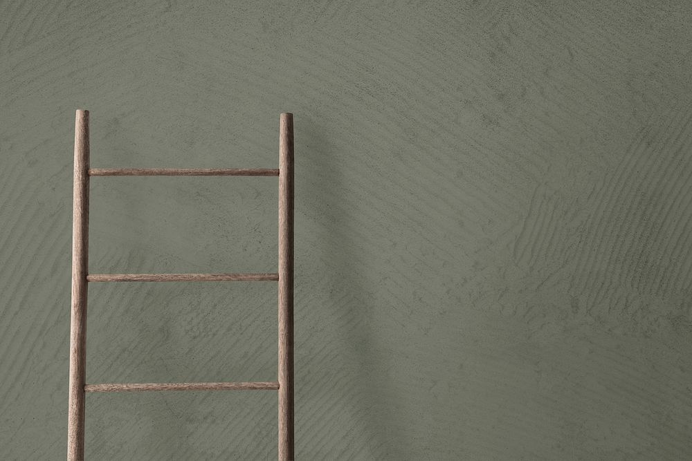 Wooden ladder leaning against a concrete wall