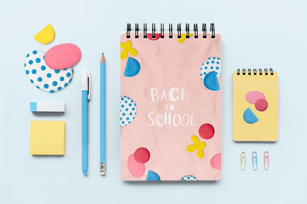 Cute stationery set mockup psd in abstract plasticine clay pattern