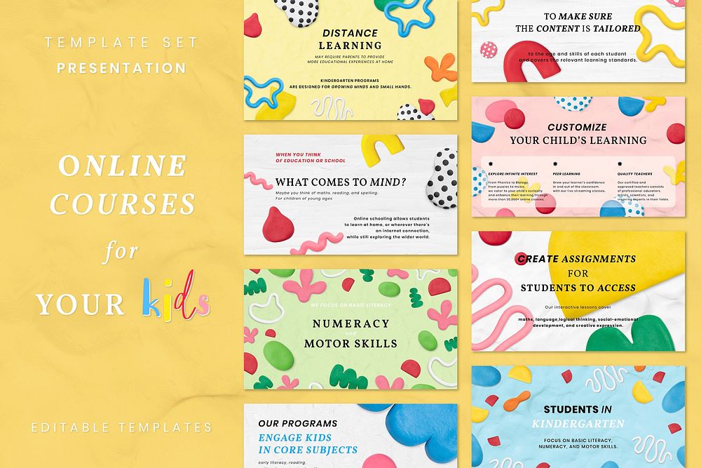 Kid's online class template vector cute plasticine clay patterned ad banner set