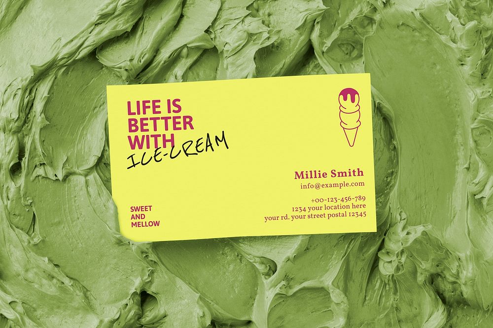 Dessert business card mockup psd on green frosting texture