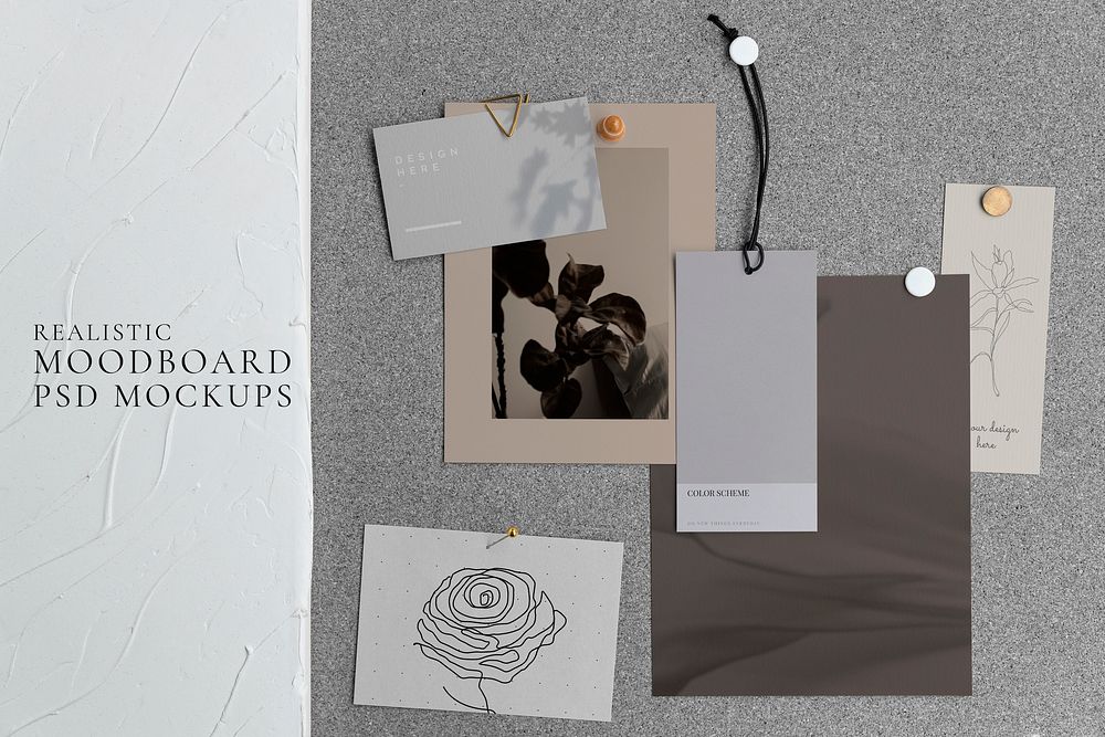 Paper psd mockups, blank notes and label tag on brown corkboard