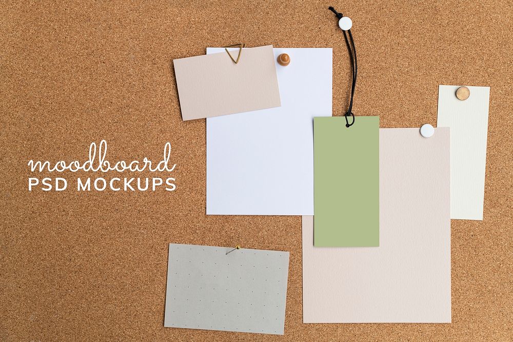 Paper psd mockups, blank notes and label tag on brown corkboard