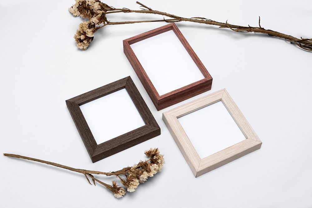 Wooden picture frames mockup psd flat lay home decor