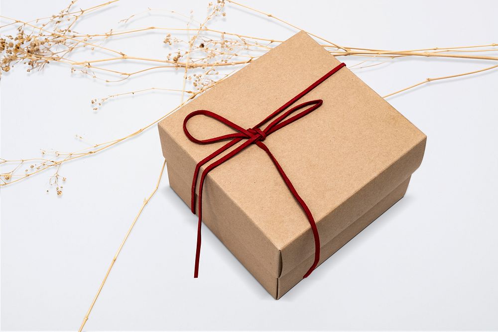 Kraft gift box with red bow rope in minimal style