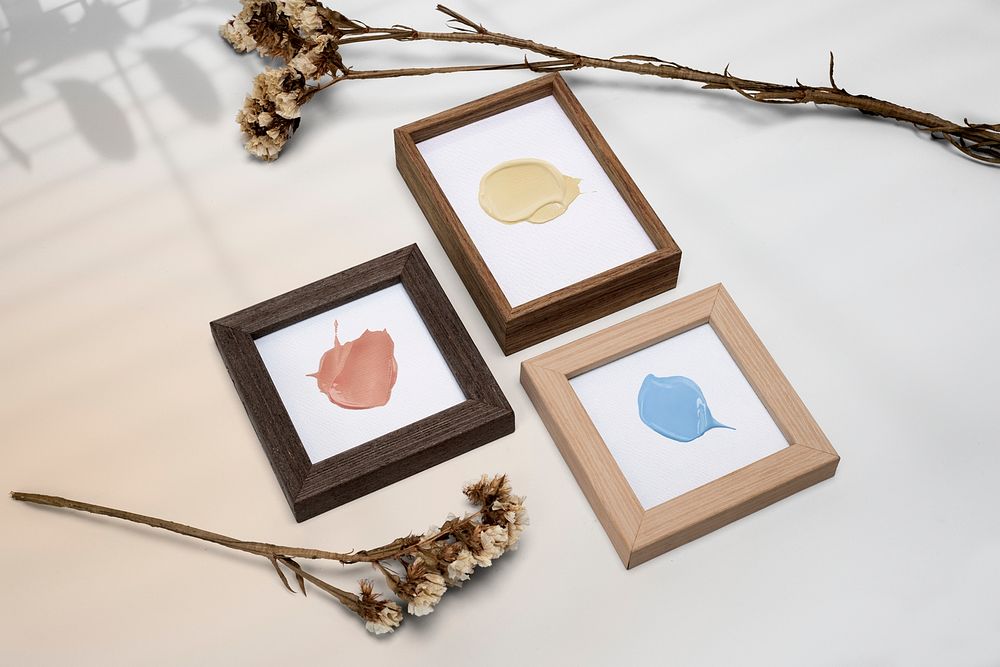 Wooden picture frames mockup psd flat lay home decor
