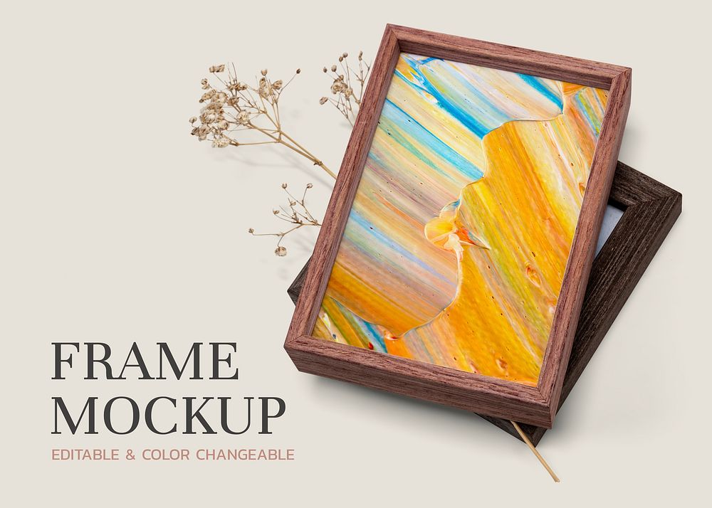 Wooden picture frame mockup psd with colorful painting