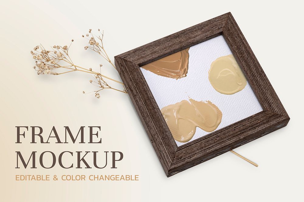 Wooden picture frame mockup psd with aesthetic dried flower