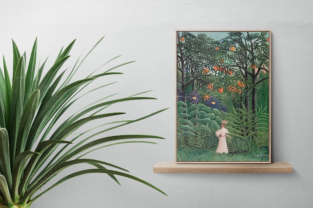 Picture frame psd mockup with classic art on a shelf