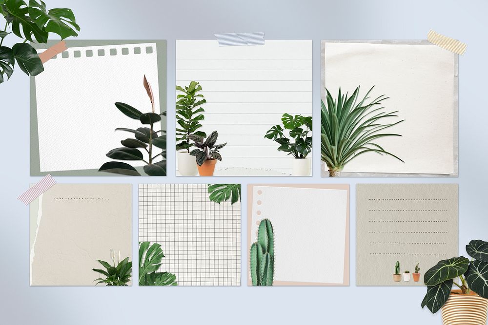 Paper note psd set decorated with houseplants