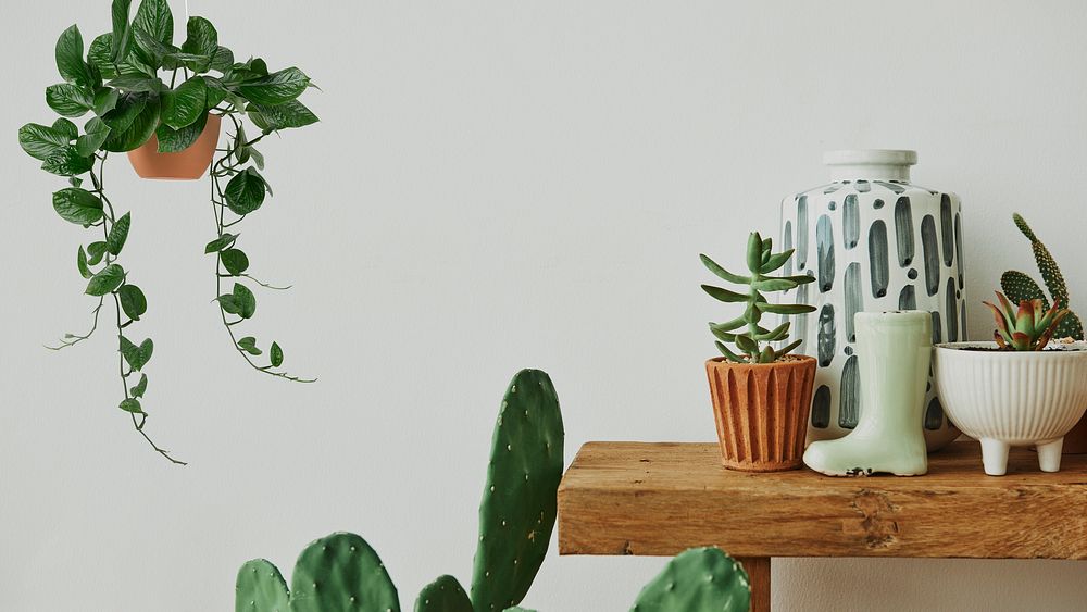 Aesthetic home with cactus and plants on a wooden shelf