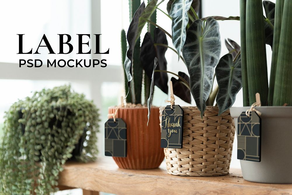 Label mockups psd on plants in a florist shop