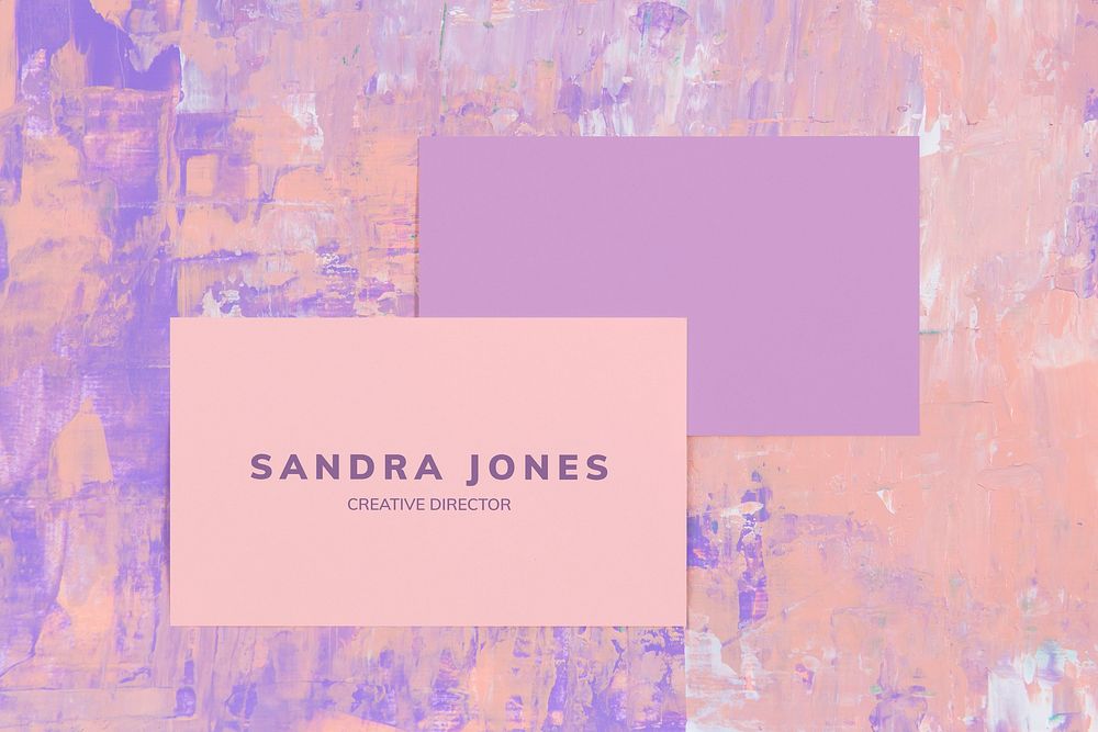 Name card mockup psd, purple paper in textured paint background