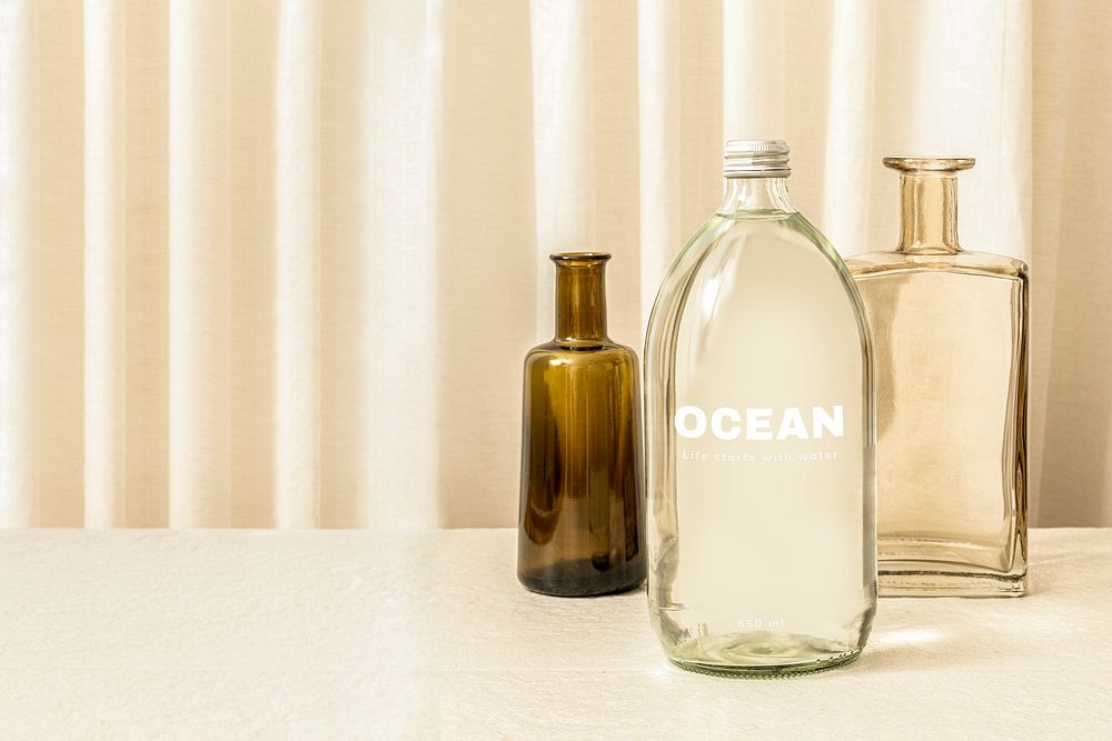 Glass bottle mockup psd, aesthetic branding