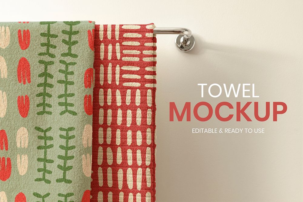 Towel mockup psd, vintage block print pattern design