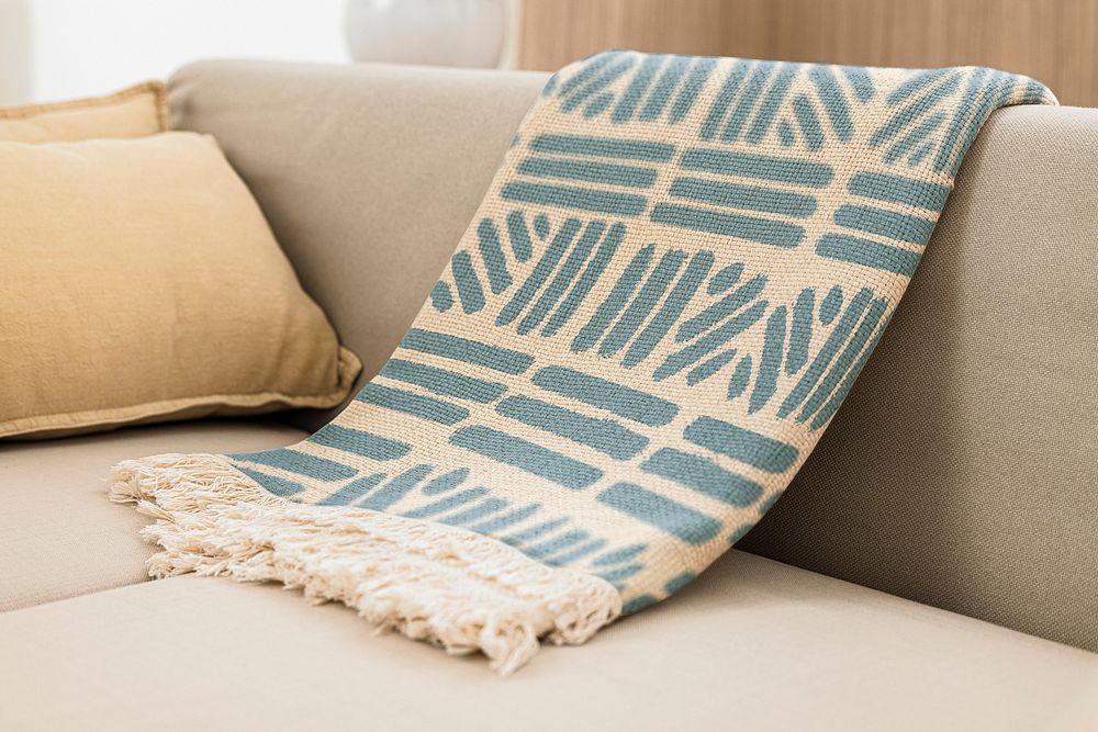 Throw blanket mockup psd, vintage block print pattern design