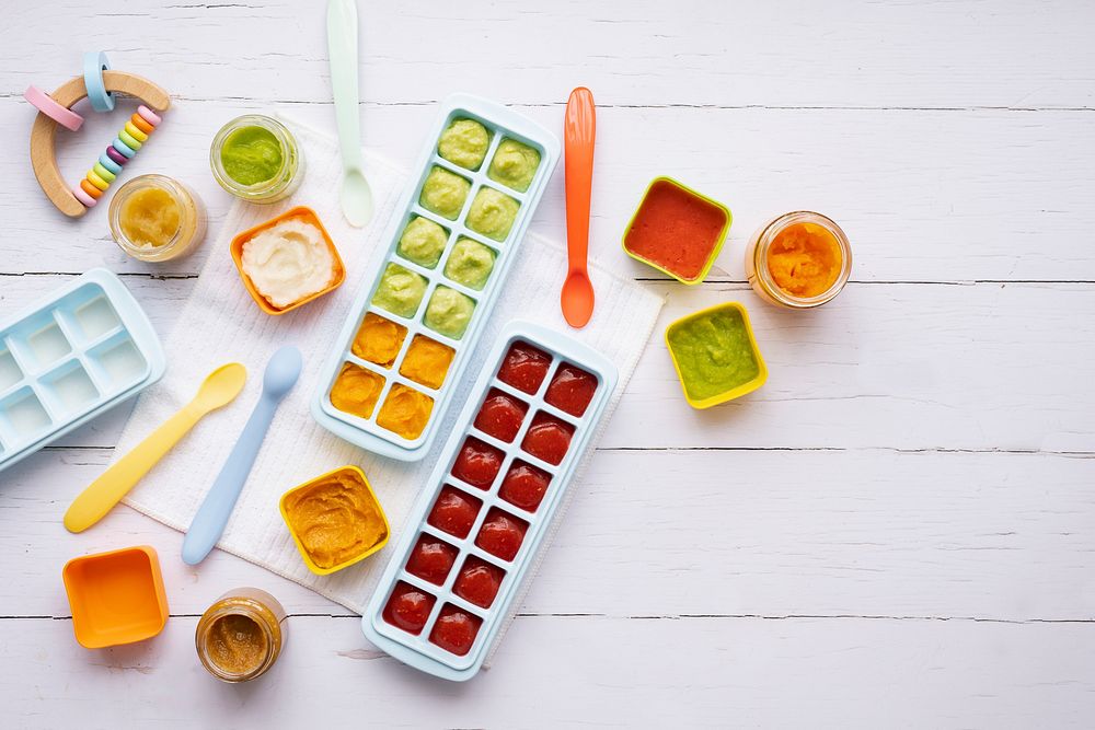 Homemade baby food puree in ice cube tray