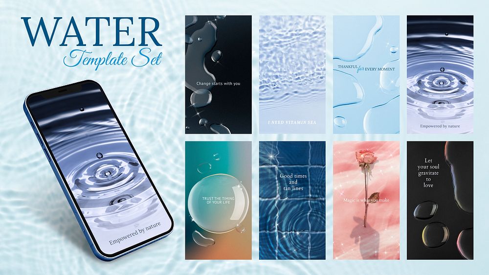 Water background phone wallpaper template, vector water background set