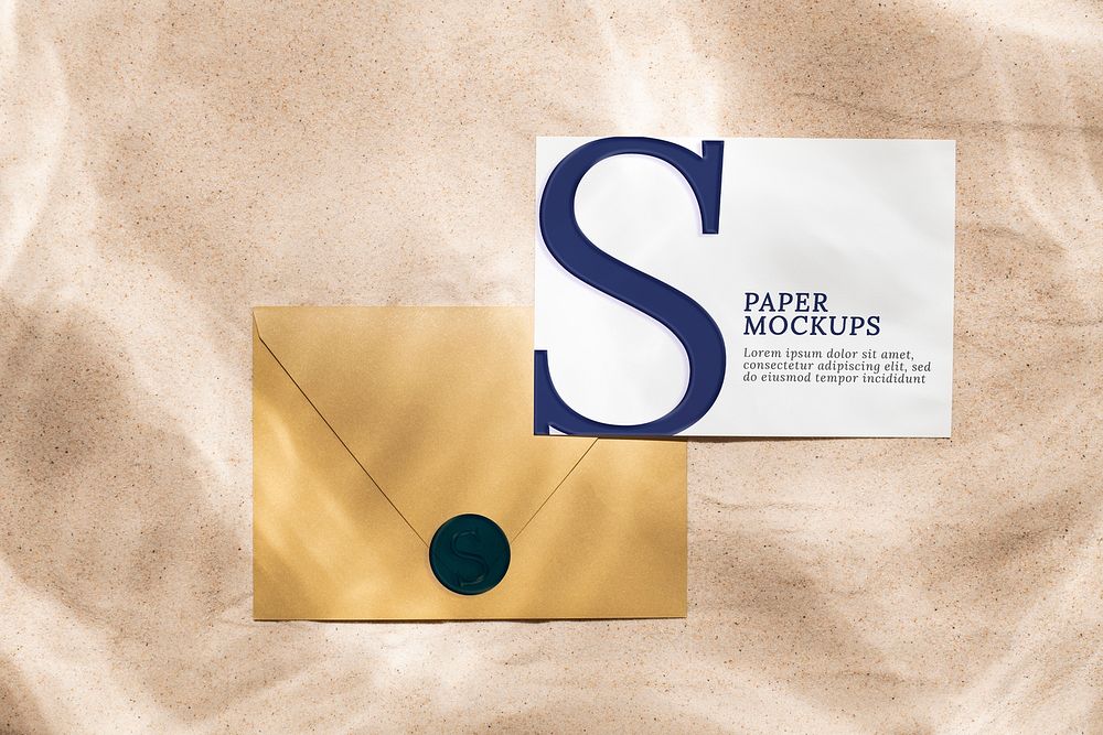 Paper mockup, brown envelope with wax seal psd flat lay