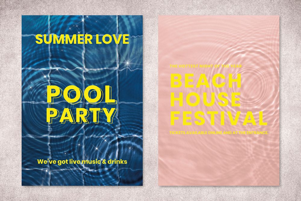 Pool party poster template, water background vector set