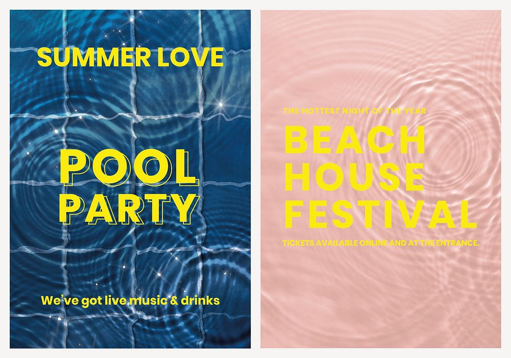 Pool party poster template, vector water background set