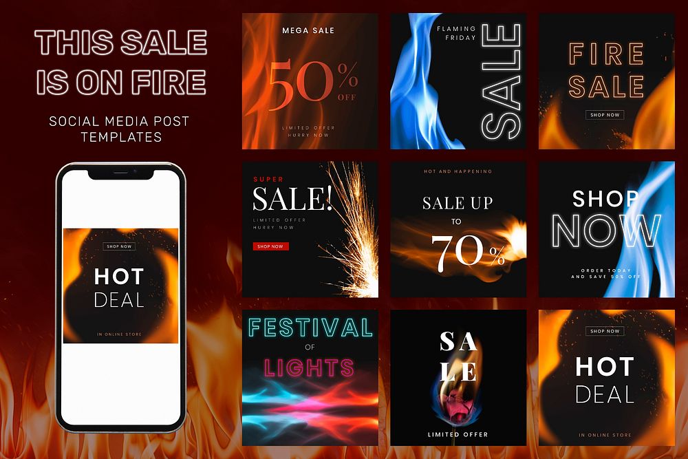 Sale ad template, social media post, with burning flame vector set