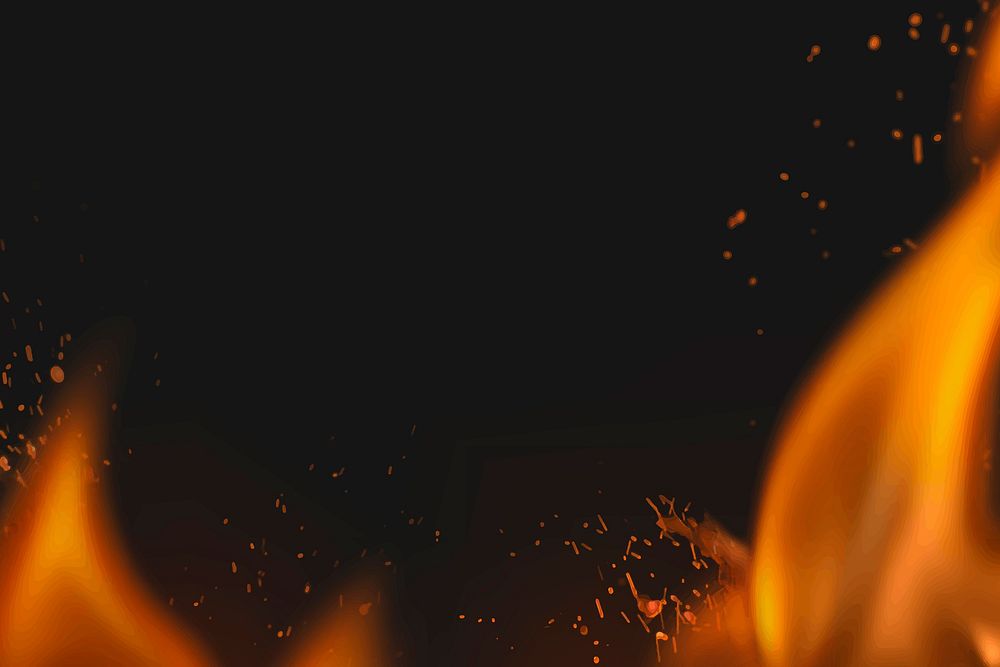 Fire sparks background, realistic flame border, black design space vector
