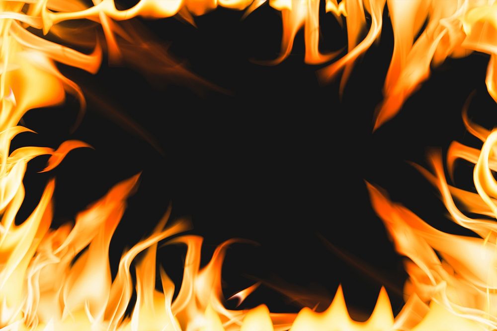 Blazing flame background, orange frame realistic fire image psd